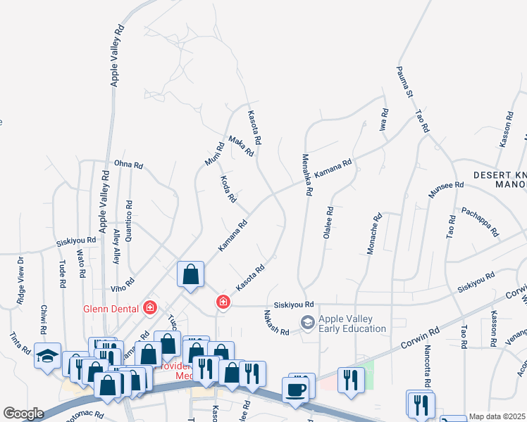 map of restaurants, bars, coffee shops, grocery stores, and more near Kamana Road in Apple Valley