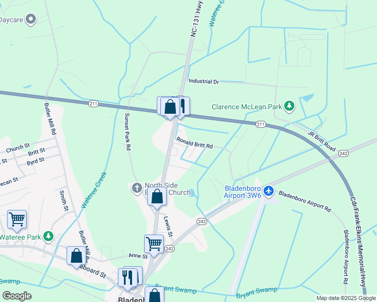 map of restaurants, bars, coffee shops, grocery stores, and more near 40 Tulip Drive in Bladenboro