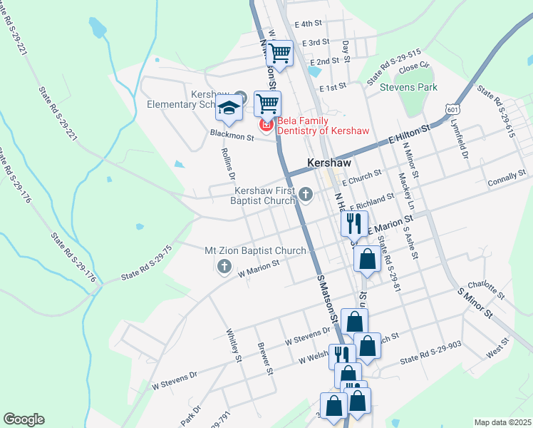 map of restaurants, bars, coffee shops, grocery stores, and more near 401 State Road S-29-75 in Kershaw