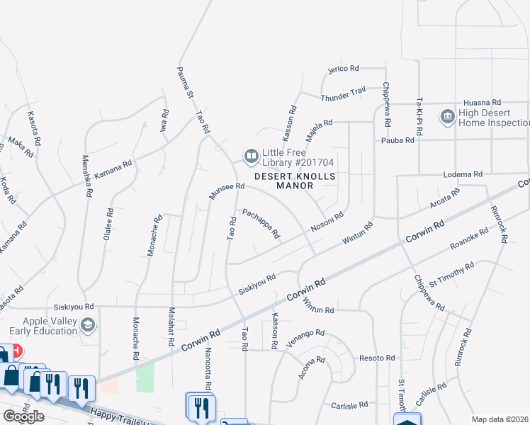 map of restaurants, bars, coffee shops, grocery stores, and more near 18950 Pachappa Road in Apple Valley