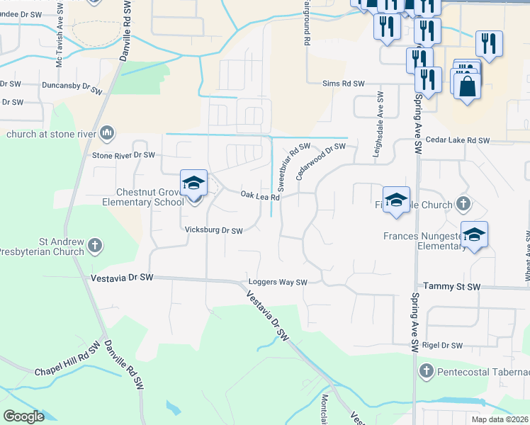 map of restaurants, bars, coffee shops, grocery stores, and more near 3203 Sweetbriar Road Southwest in Decatur