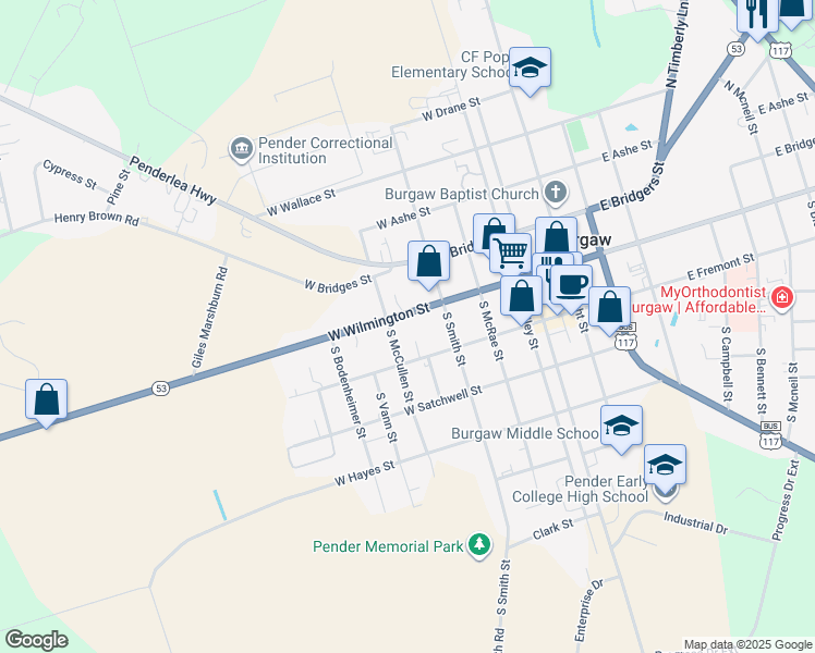 map of restaurants, bars, coffee shops, grocery stores, and more near 403 West Wilmington Street in Burgaw