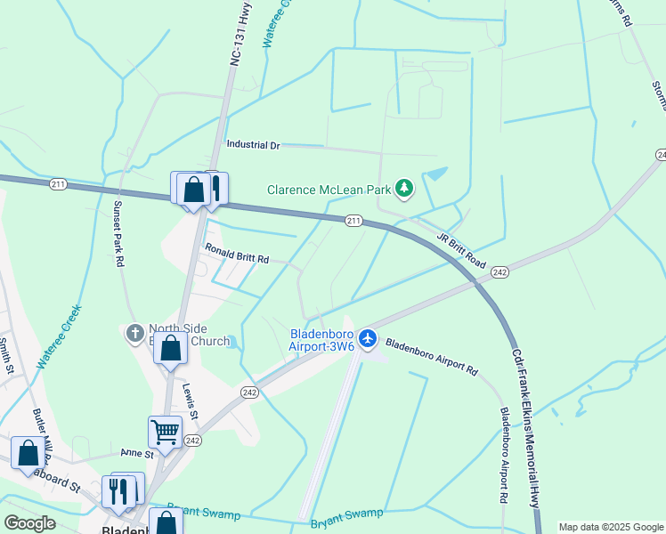 map of restaurants, bars, coffee shops, grocery stores, and more near 117 Todd Britt Road in Bladenboro