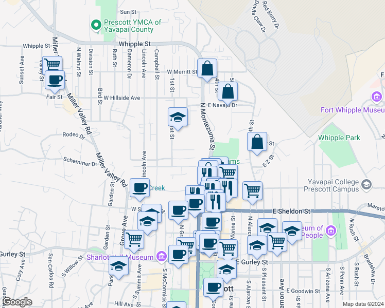 map of restaurants, bars, coffee shops, grocery stores, and more near 196 Vallejo Street in Prescott