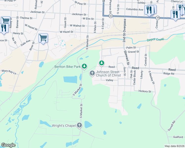 map of restaurants, bars, coffee shops, grocery stores, and more near 103 Johnson Street in Benton