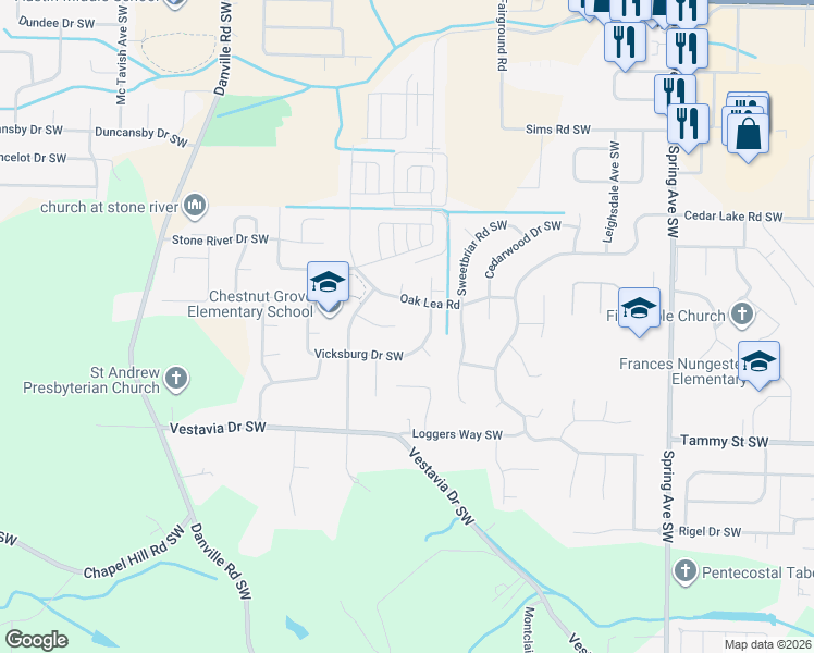 map of restaurants, bars, coffee shops, grocery stores, and more near 1401 Cedarhurst Court Southwest in Decatur