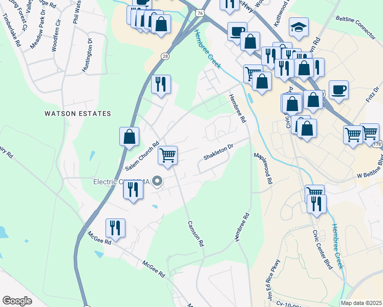map of restaurants, bars, coffee shops, grocery stores, and more near 112 Addis Circle in Anderson