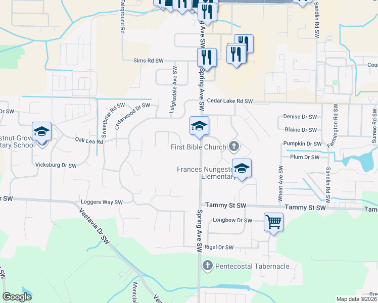 map of restaurants, bars, coffee shops, grocery stores, and more near 1105 Trenton Drive Southwest in Decatur