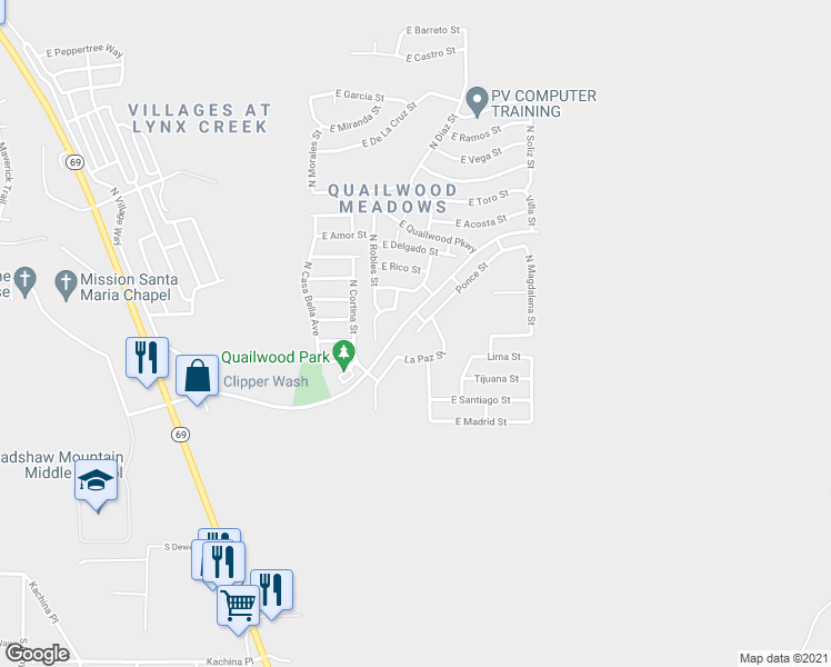 map of restaurants, bars, coffee shops, grocery stores, and more near 12840 Ponce Street in Prescott Valley