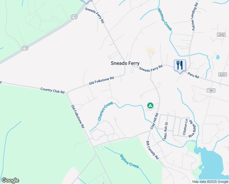 map of restaurants, bars, coffee shops, grocery stores, and more near 107 Granny Drive in Sneads Ferry