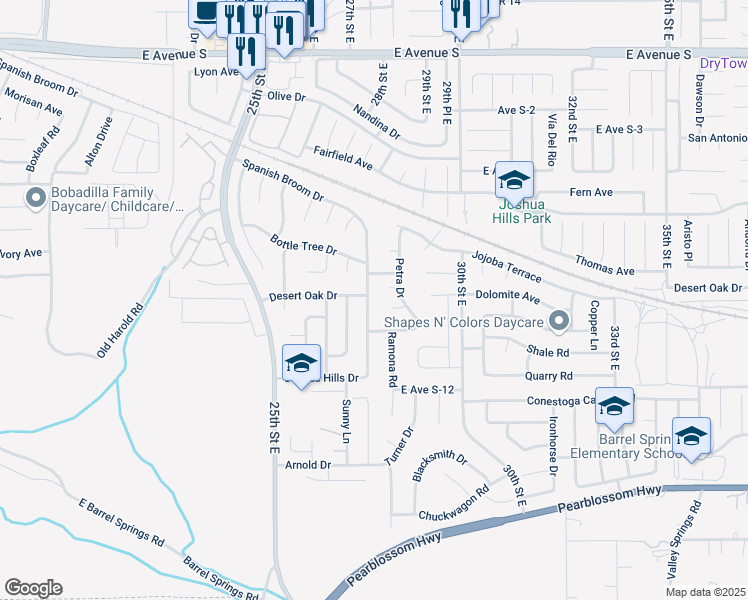 map of restaurants, bars, coffee shops, grocery stores, and more near 36720 Spanish Broom Drive in Palmdale