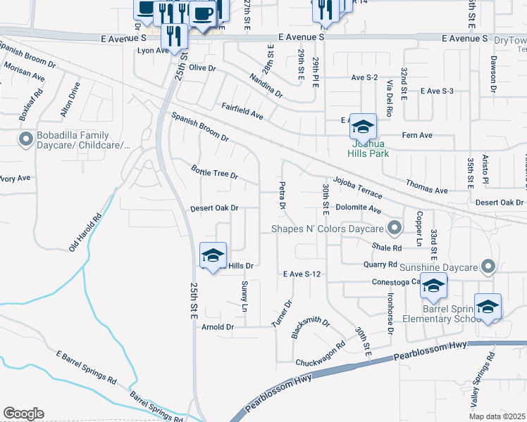 map of restaurants, bars, coffee shops, grocery stores, and more near 36720 Spanish Broom Drive in Palmdale