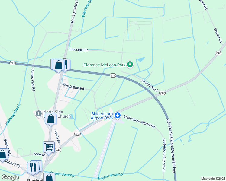 map of restaurants, bars, coffee shops, grocery stores, and more near 148 Todd Britt Road in Bladenboro