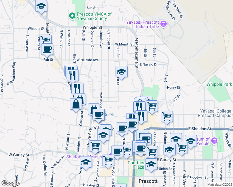 map of restaurants, bars, coffee shops, grocery stores, and more near 510 1st Street in Prescott