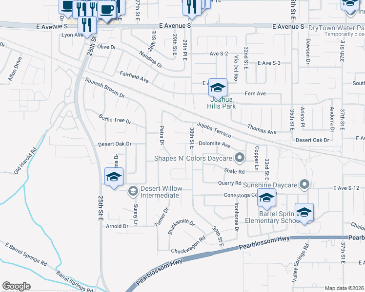 map of restaurants, bars, coffee shops, grocery stores, and more near 36729 Arbolada Lane in Palmdale