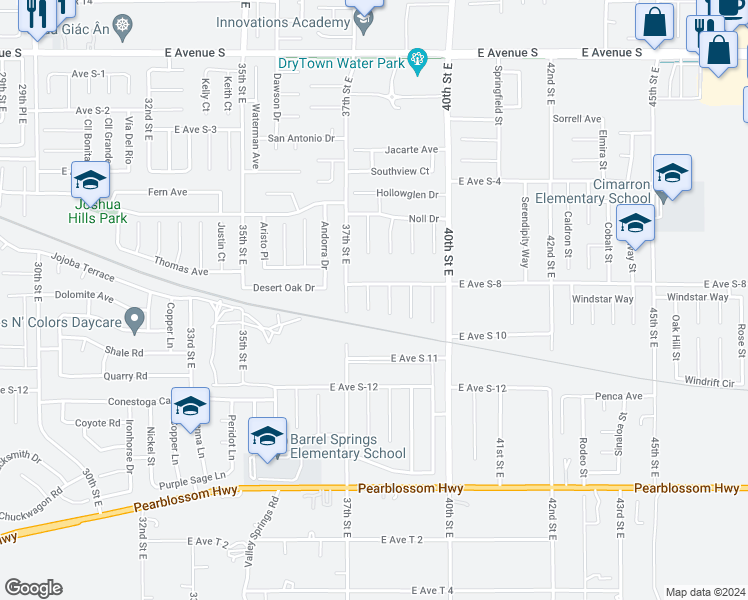 map of restaurants, bars, coffee shops, grocery stores, and more near 36748 James Place in Palmdale