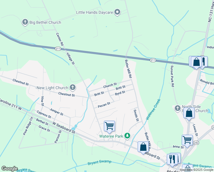 map of restaurants, bars, coffee shops, grocery stores, and more near Church Street in Bladenboro