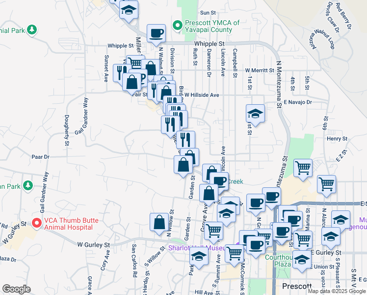 map of restaurants, bars, coffee shops, grocery stores, and more near 519 Miller Valley Road in Prescott