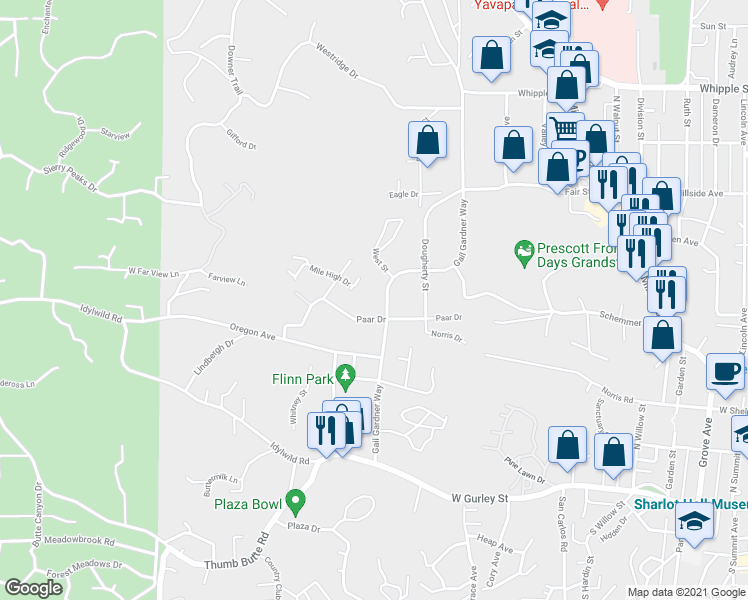 map of restaurants, bars, coffee shops, grocery stores, and more near 516 Gail Gardner Way in Prescott