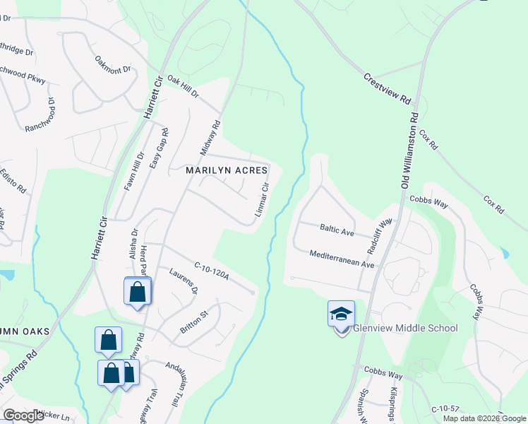 map of restaurants, bars, coffee shops, grocery stores, and more near 2601 Linmar Circle in Anderson