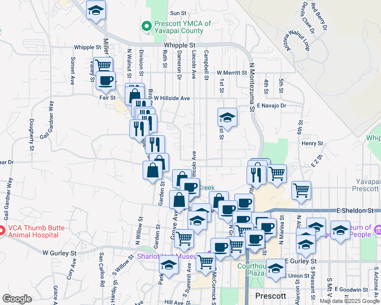 map of restaurants, bars, coffee shops, grocery stores, and more near 535 Lincoln Avenue in Prescott