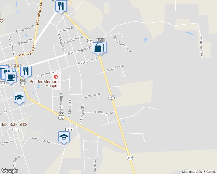 map of restaurants, bars, coffee shops, grocery stores, and more near 422 U.S. 117 in Burgaw