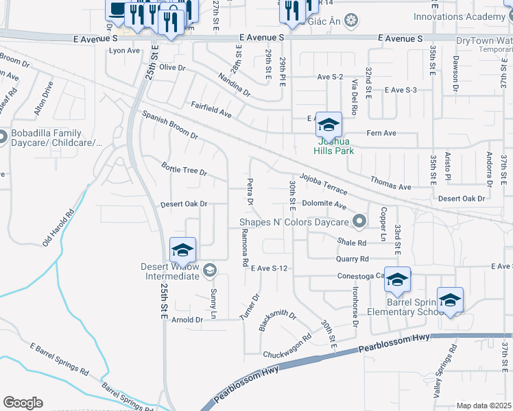 map of restaurants, bars, coffee shops, grocery stores, and more near 36724 Petra Drive in Palmdale