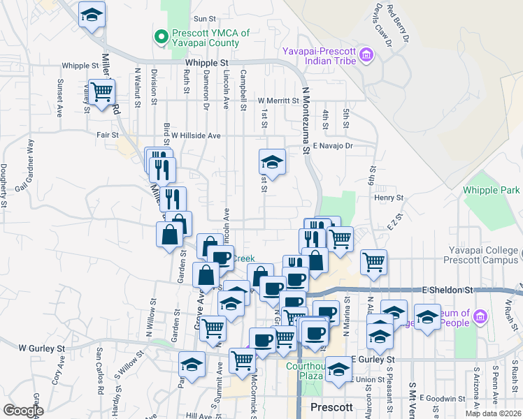 map of restaurants, bars, coffee shops, grocery stores, and more near 510 1st Street in Prescott