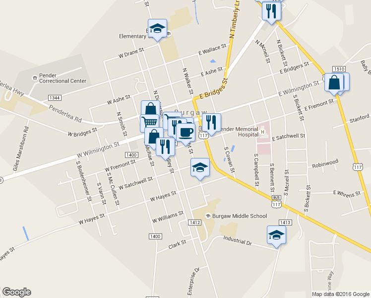 map of restaurants, bars, coffee shops, grocery stores, and more near 105 West Fremont Street in Burgaw