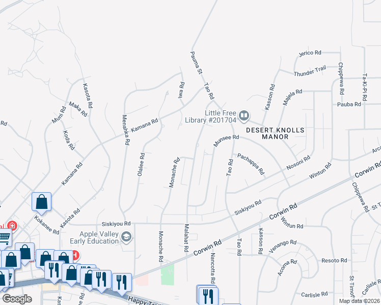 map of restaurants, bars, coffee shops, grocery stores, and more near 16392 Monache Road in Apple Valley
