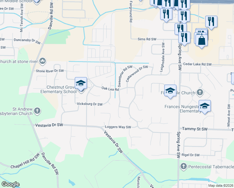 map of restaurants, bars, coffee shops, grocery stores, and more near 3203 Sweetbriar Road Southwest in Decatur