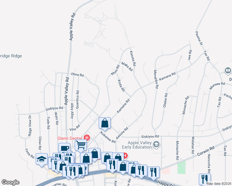 map of restaurants, bars, coffee shops, grocery stores, and more near Kamana Court in Apple Valley