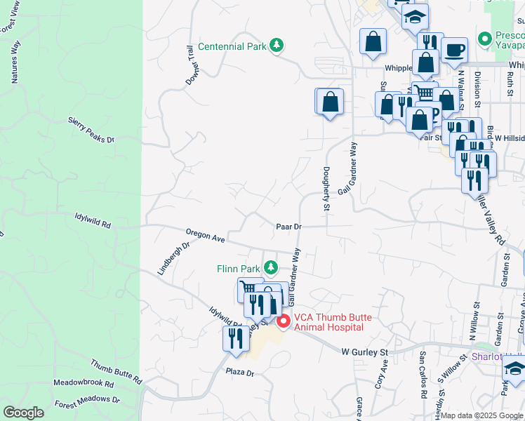map of restaurants, bars, coffee shops, grocery stores, and more near 509 Keen Street in Prescott