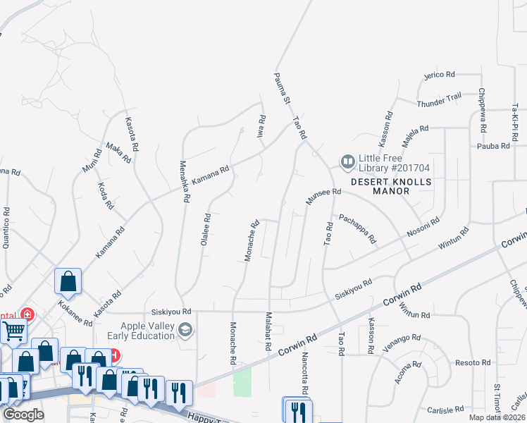 map of restaurants, bars, coffee shops, grocery stores, and more near 16392 Monache Road in Apple Valley