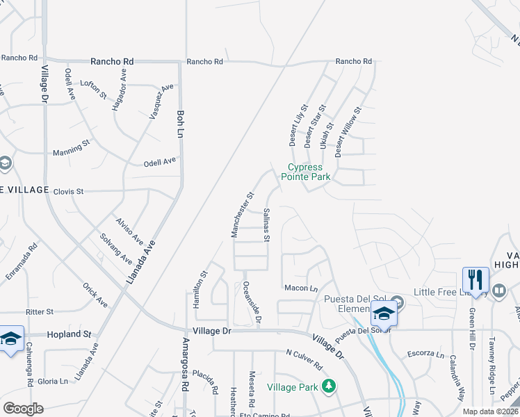 map of restaurants, bars, coffee shops, grocery stores, and more near 15510 Venice Lane in Victorville