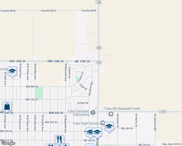map of restaurants, bars, coffee shops, grocery stores, and more near 83 Houston Rd in Tulia