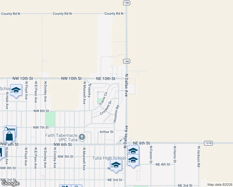 map of restaurants, bars, coffee shops, grocery stores, and more near 83 Houston Road in Tulia