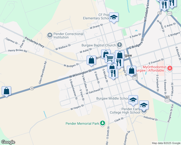 map of restaurants, bars, coffee shops, grocery stores, and more near 403 West Wilmington Street in Burgaw