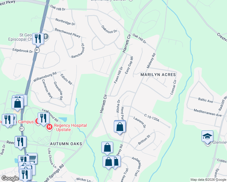 map of restaurants, bars, coffee shops, grocery stores, and more near 6 Fawn Hill Drive in Anderson