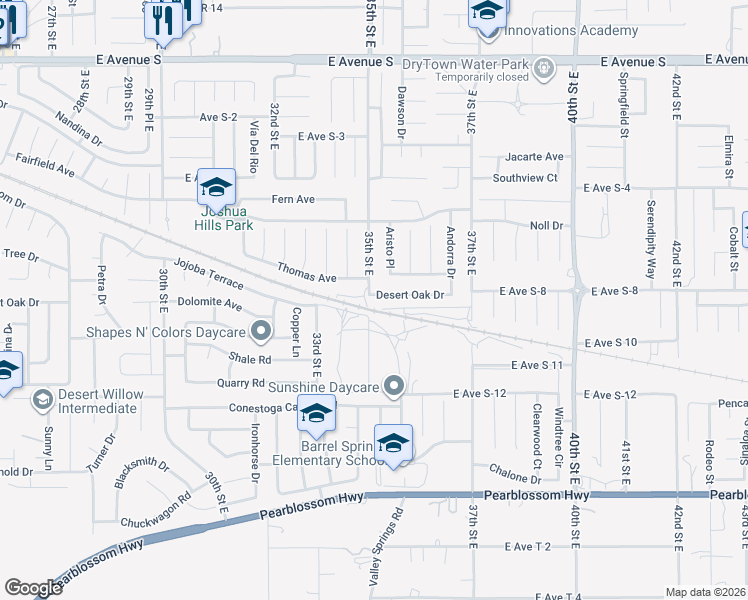 map of restaurants, bars, coffee shops, grocery stores, and more near 3500 Desert Oak Drive in Palmdale