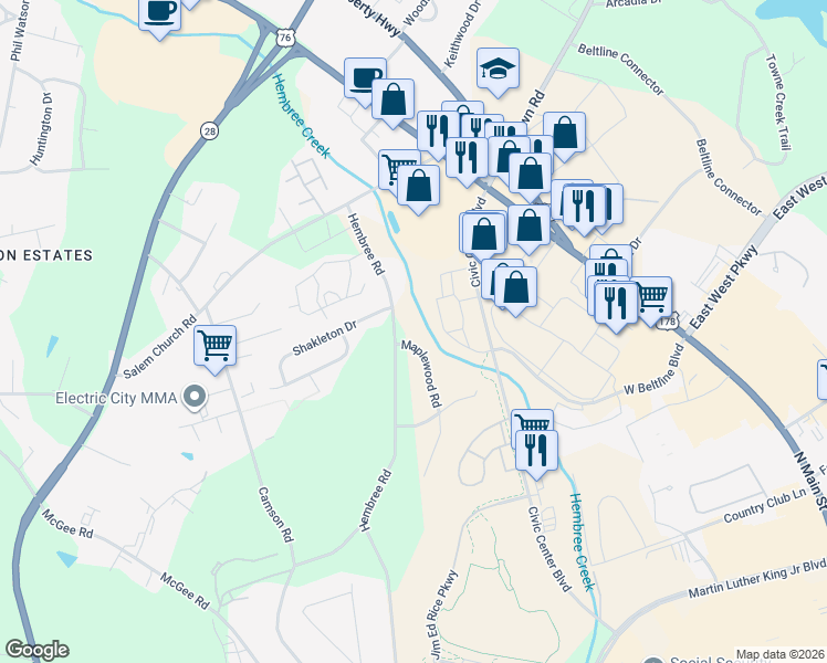 map of restaurants, bars, coffee shops, grocery stores, and more near 216 Maplewood Road in Anderson
