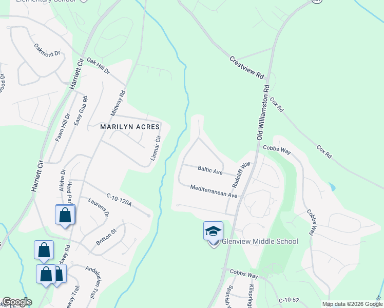 map of restaurants, bars, coffee shops, grocery stores, and more near 138 Mediterranean Avenue in Anderson