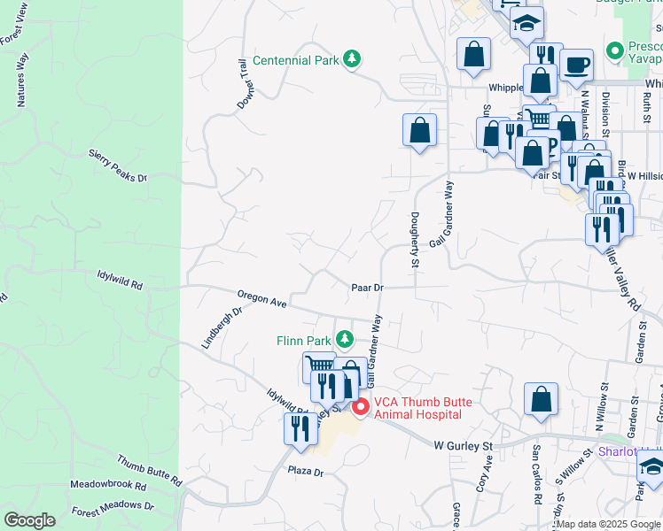map of restaurants, bars, coffee shops, grocery stores, and more near 509 Keen Street in Prescott