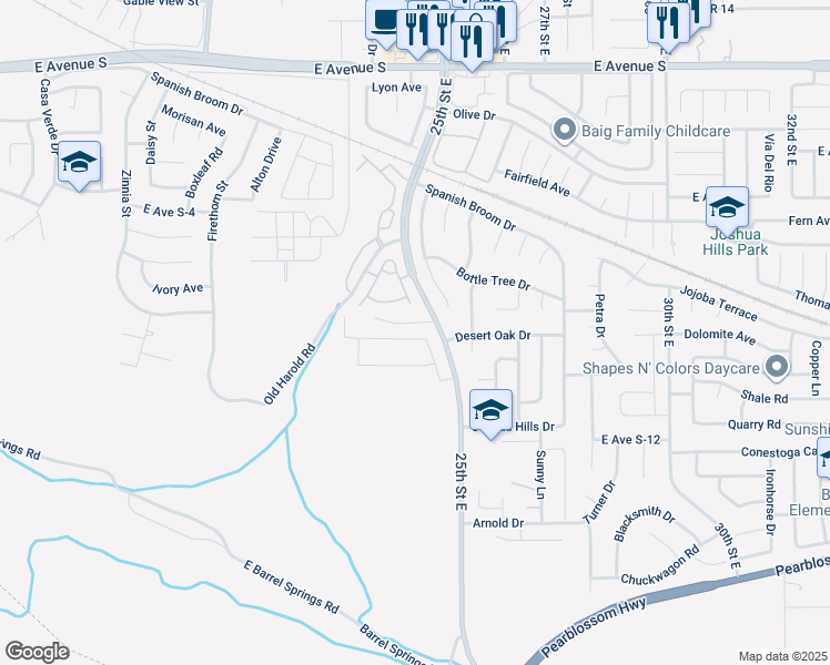 map of restaurants, bars, coffee shops, grocery stores, and more near 2451 Desert Oak Drive in Palmdale