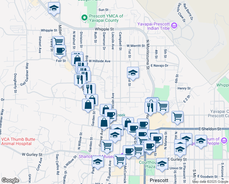 map of restaurants, bars, coffee shops, grocery stores, and more near 535 Lincoln Avenue in Prescott
