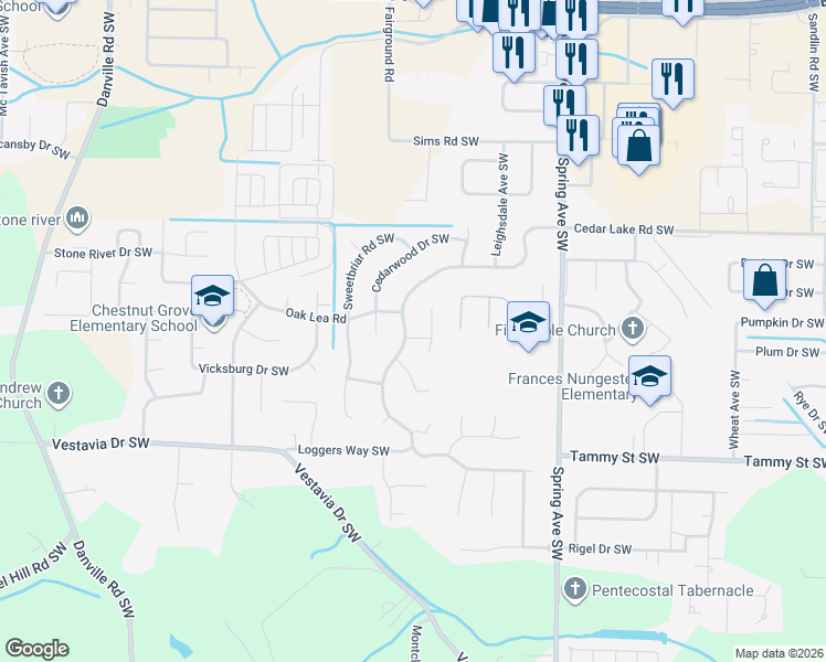 map of restaurants, bars, coffee shops, grocery stores, and more near 1110 Way Thru The Woods Southwest in Decatur