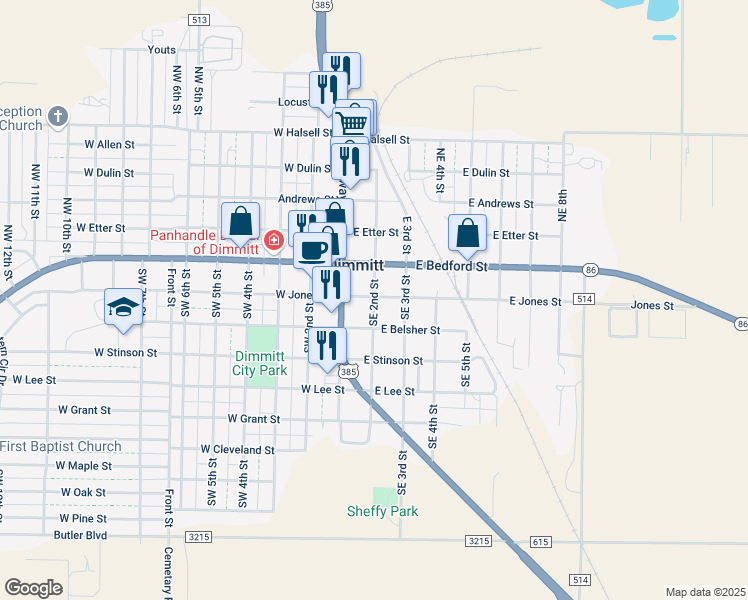 map of restaurants, bars, coffee shops, grocery stores, and more near 200 East Jones Street in Dimmitt