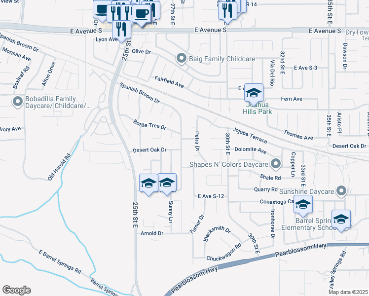 map of restaurants, bars, coffee shops, grocery stores, and more near 36732 Spanish Broom Drive in Palmdale