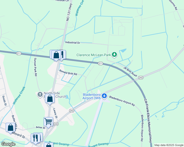 map of restaurants, bars, coffee shops, grocery stores, and more near 70 Holly Britt Court in Bladenboro