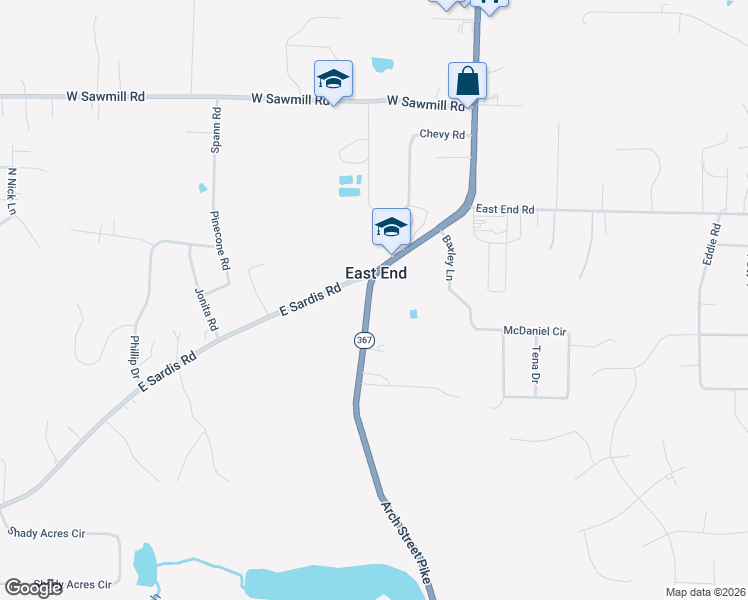 map of restaurants, bars, coffee shops, grocery stores, and more near 21922 Arch Street in Little Rock